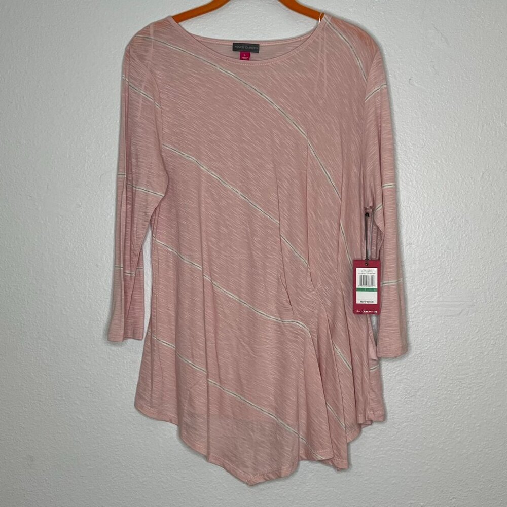 Vince Camuto Cotton Modal 3/4 Sleeve Striped Ruched Front‎ Blouse Pink Large NWT